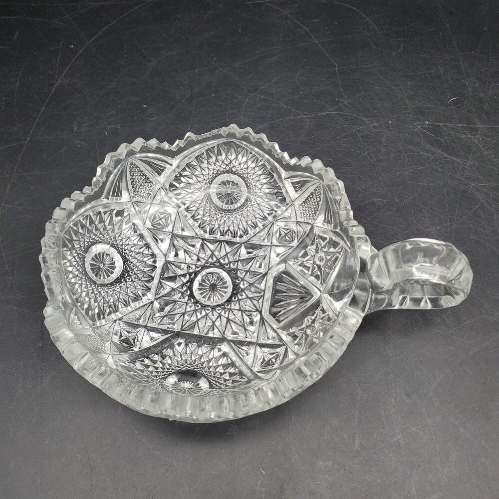Vintage Clear Pressed Glass Nappy Dish Handled Bowl Starburst Daisy Pattern
